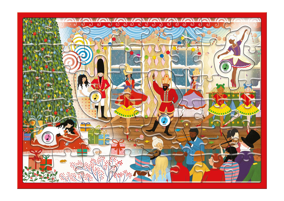 The finished 48-piece Nutcracker puzzle in its frame, with the four sound buttons set into the picture