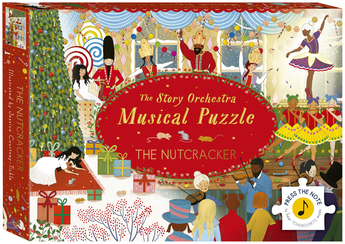 The Story Orchestra: The Nutcracker Musical Puzzle box front, illustrated by Jessica Courtney-Tickle: Clara, the Nutcracker and dancers in a Christmas ballroom