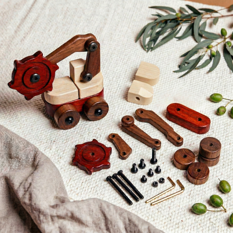 Wooden toy excavator set with pieces on an oak & sprout playmat with greenery.