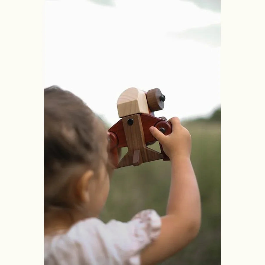 Toddler holding Walnut & Padauk Aeroplane aloft outdoors, showing maple, padauk and walnut tones against soft sky