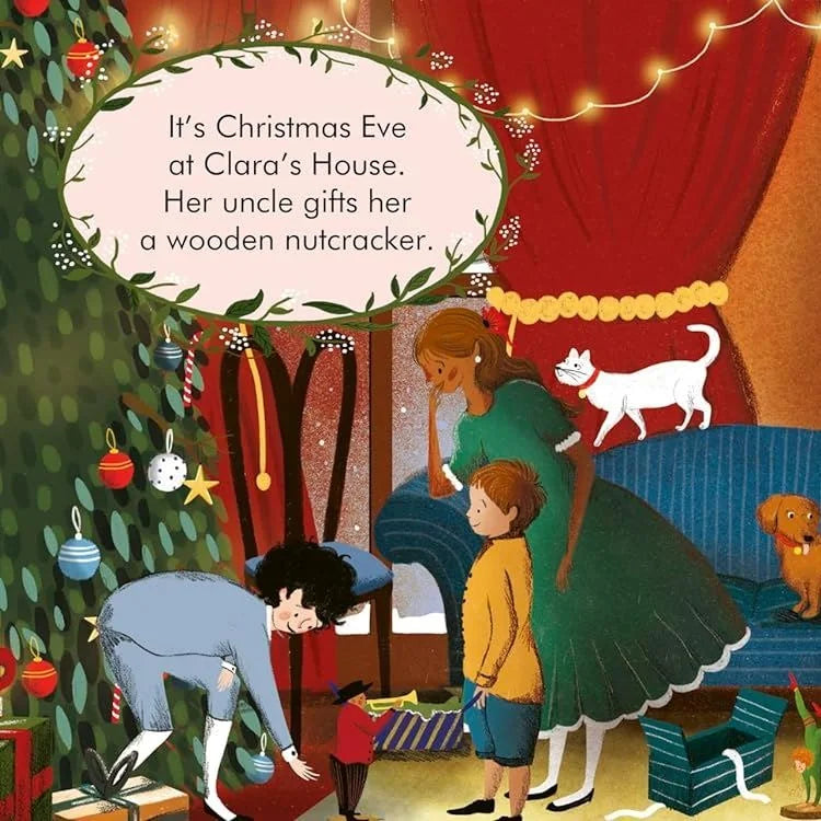My First Story Orchestra Nutcracker illustrated book spread showing Clara's Christmas Eve scene with decorated tree and