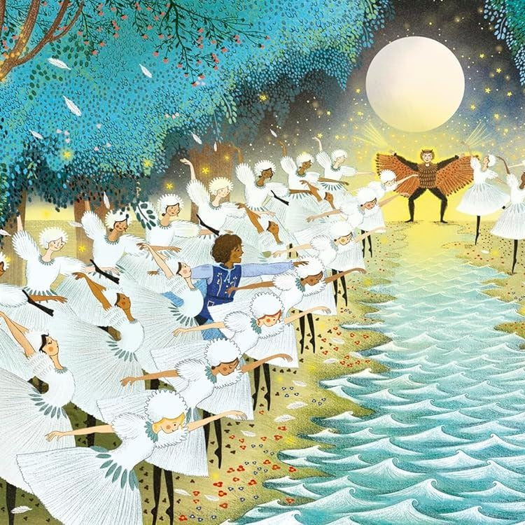 My First Story Orchestra Swan Lake illustrated storybook spread showing prince, swan maidens, and villain by moonlit water