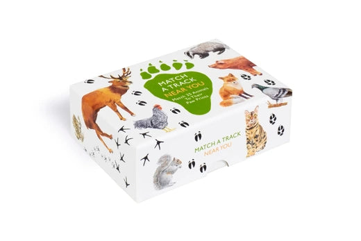 Match a Track Near You Game retail box showing watercolour fox, deer, squirrel and bird illustrations with animal tracks