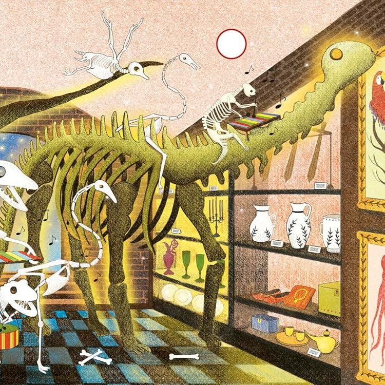 My First Story Orchestra Carnival of the Animals book illustration: giant dinosaur skeleton stomping through museum with