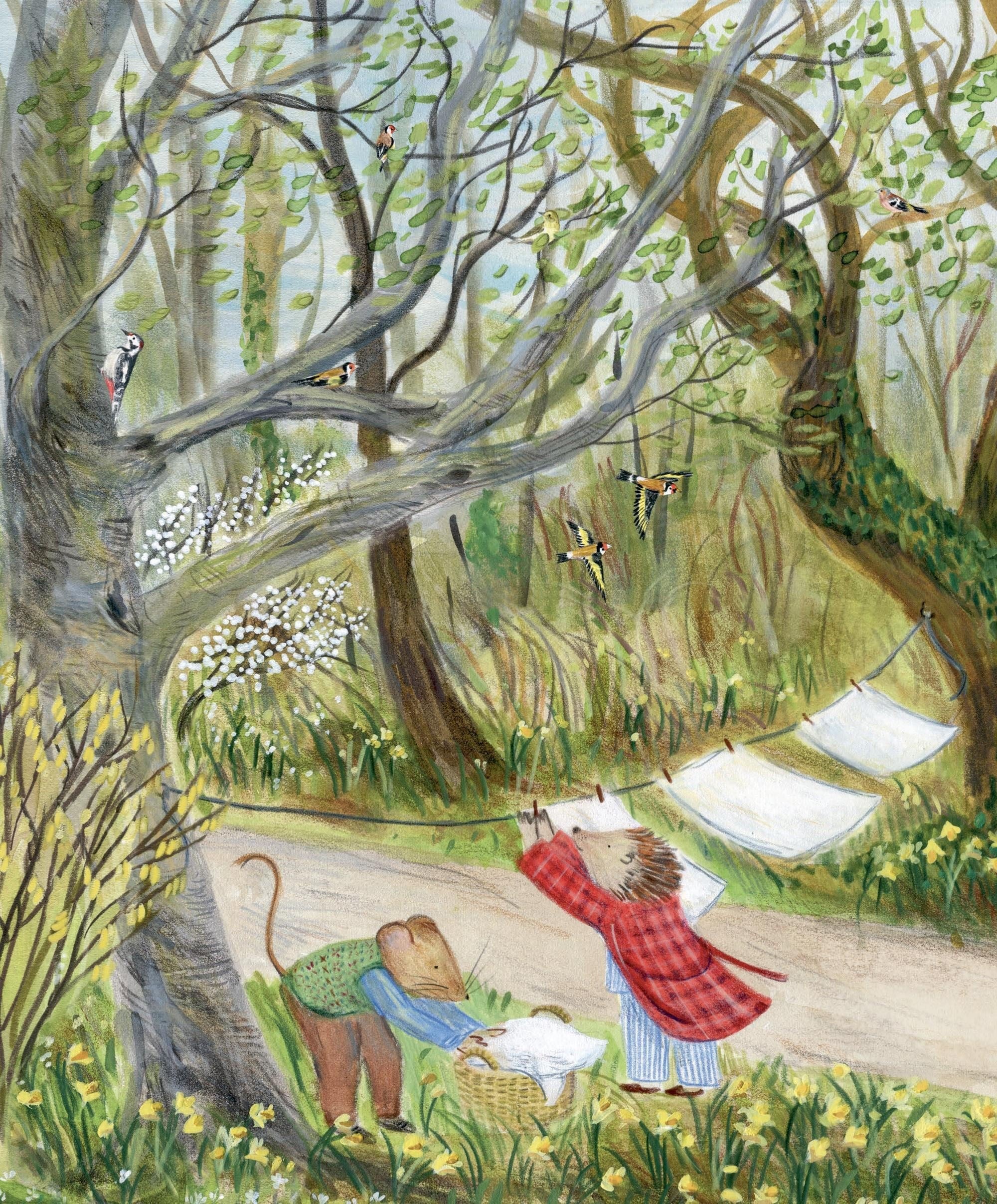 Mouse's Wood book interior: spring illustration of mouse and hedgehog hanging laundry, daffodils and goldfinches in woodland
