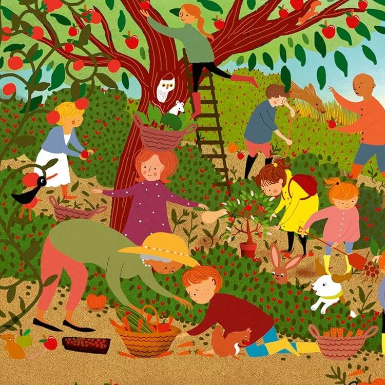 Four Seasons in One Day storybook illustration showing a colourful orchard harvest scene with figures picking apples and
