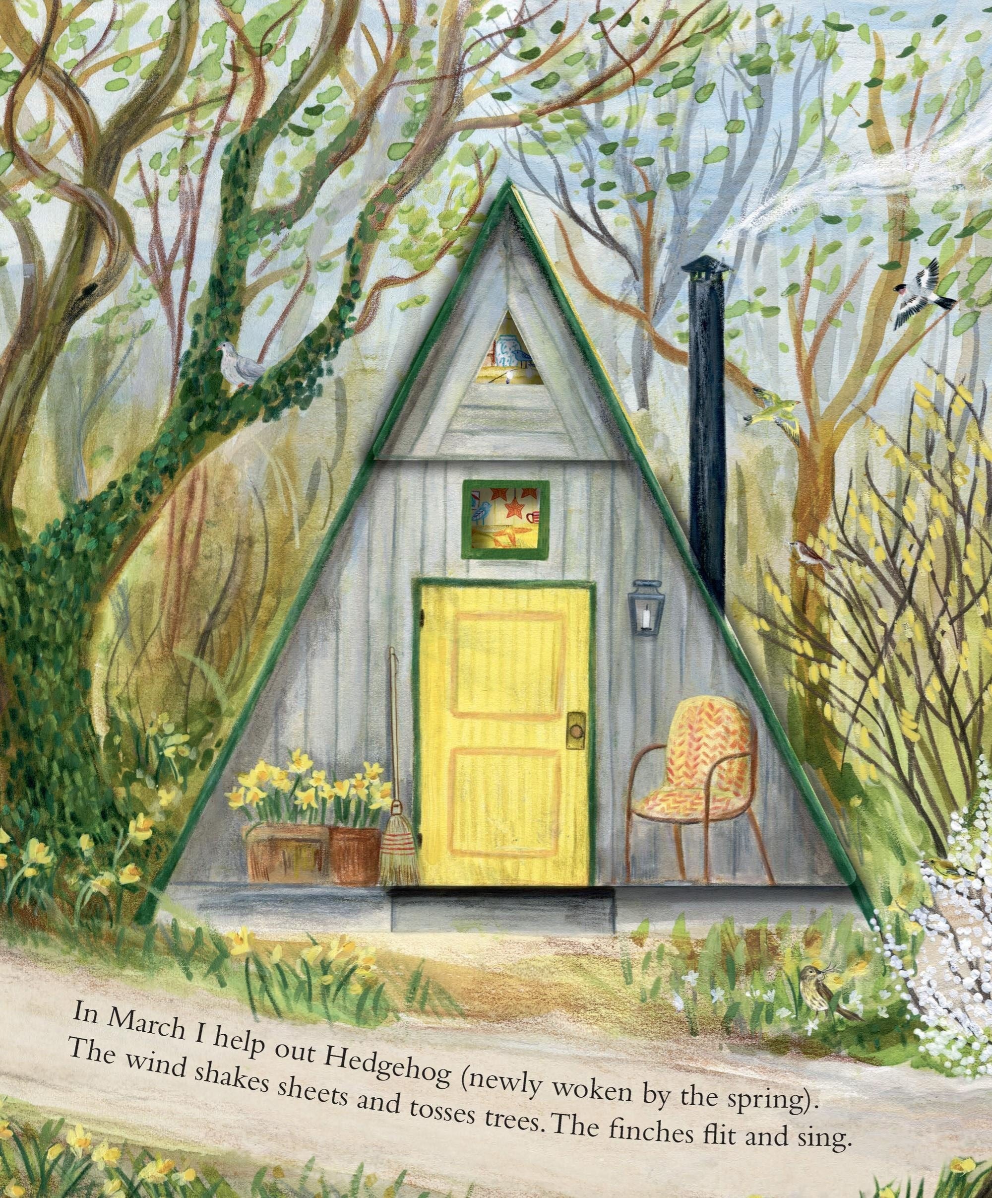 Mouse's Wood book interior: March page with watercolour A-frame cottage, hedgehog verse, spring woodland illustration