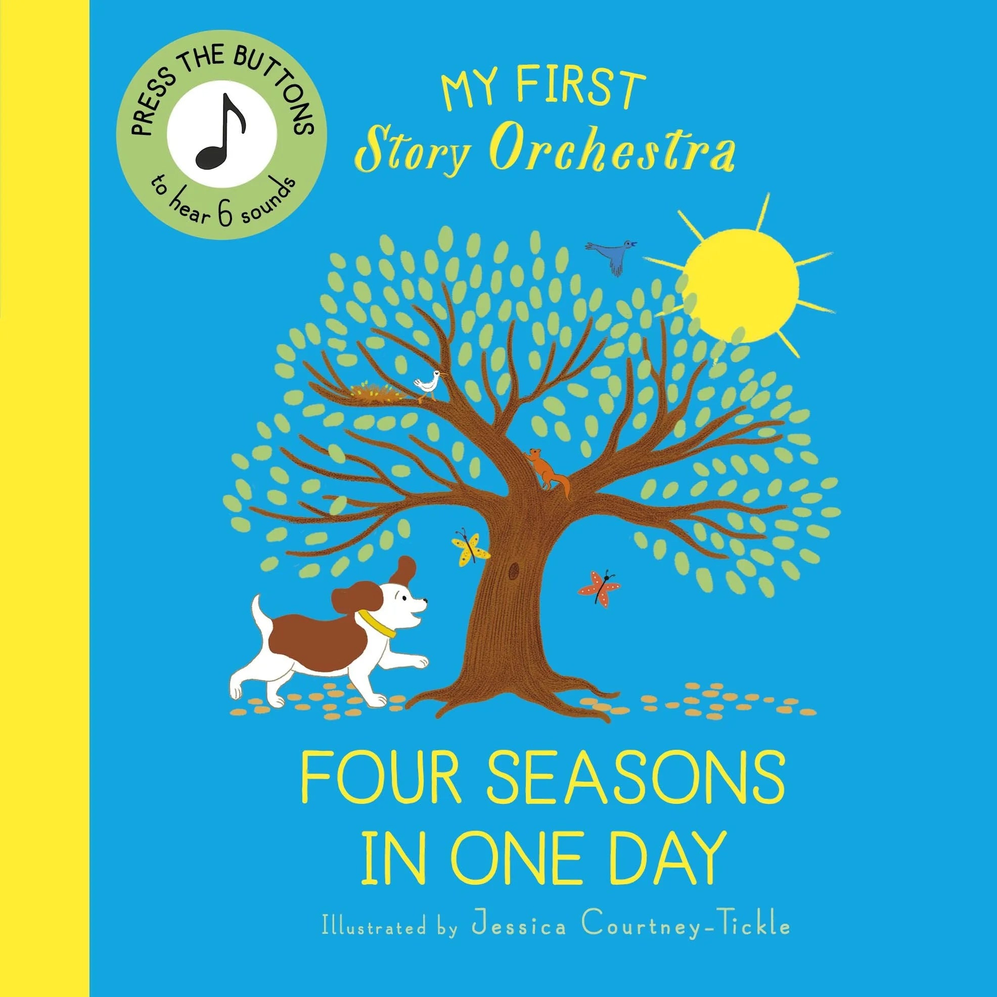 My First Story Orchestra Four Seasons in One Day book cover with illustrated tree, dog, butterflies, birds, and sun on blue