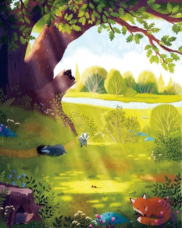 The Oak Tree book illustration: fox, badger and hedgehog in a sunlit woodland meadow beneath a great oak tree