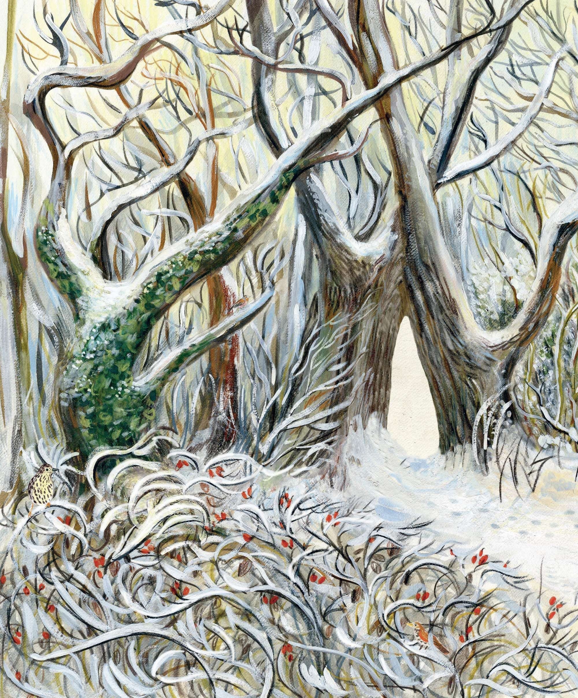 Mouse's Wood illustrated book artwork showing snow-covered winter woodland with bare trees, red berries, and hidden birds