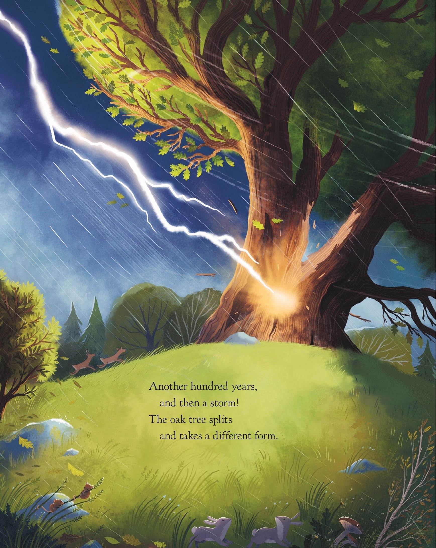 The Oak Tree board book interior: stormy illustration of lightning striking an oak tree, animals fleeing, with dramatic