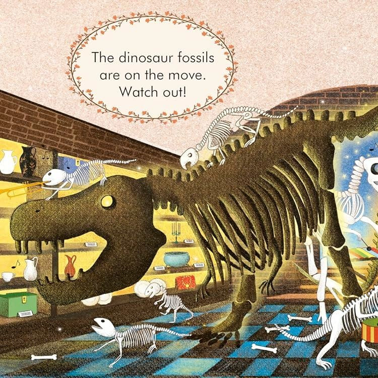 Illustrated book page from My First Story Orchestra Carnival of the Animals showing animated dinosaur skeletons in a museum