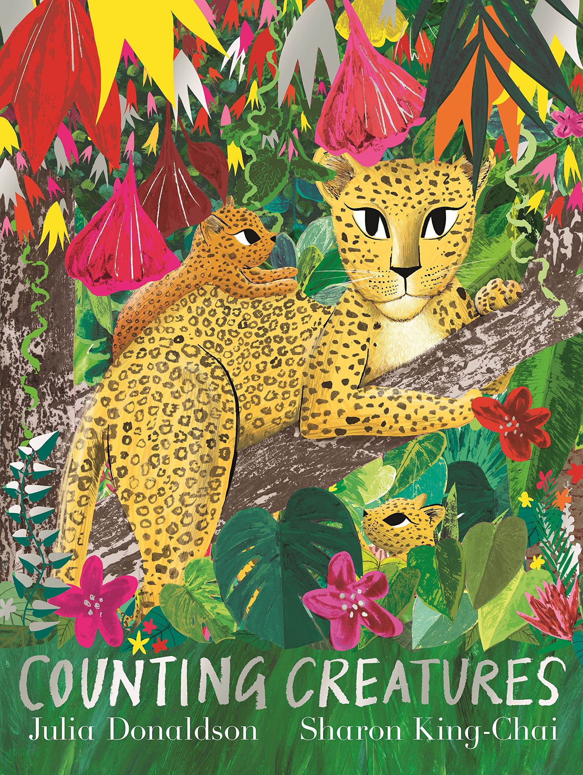 Counting Creatures book cover by Julia Donaldson, illustrated jungle scene with leopards and tropical flowers