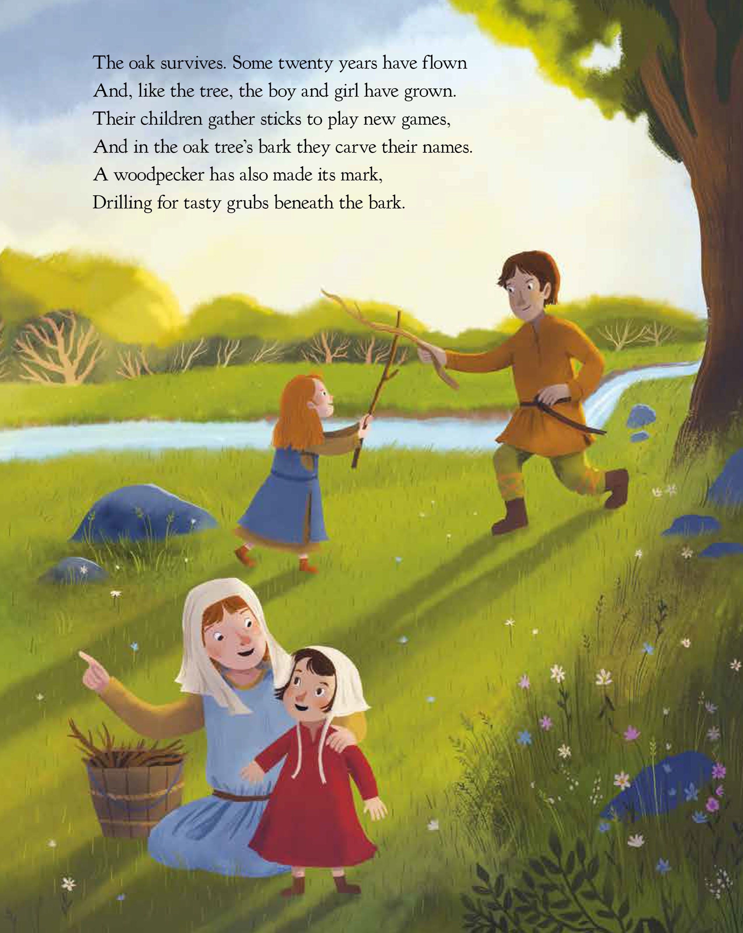 The Oak Tree book interior spread showing illustrated medieval family scene with children playing near an oak tree in a