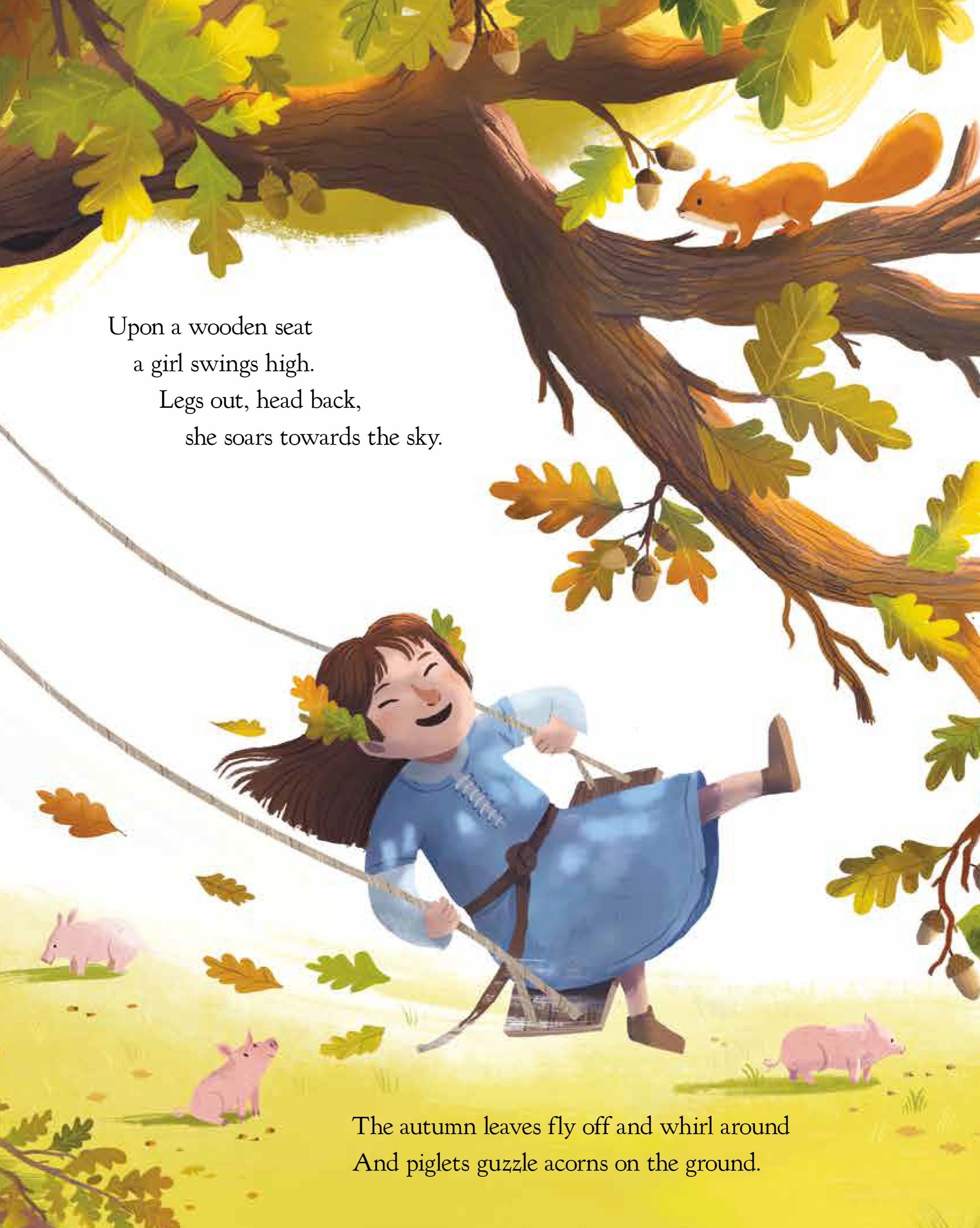 The Oak Tree book interior illustration: girl swinging from oak branch among autumn leaves, acorns, squirrel, and piglets