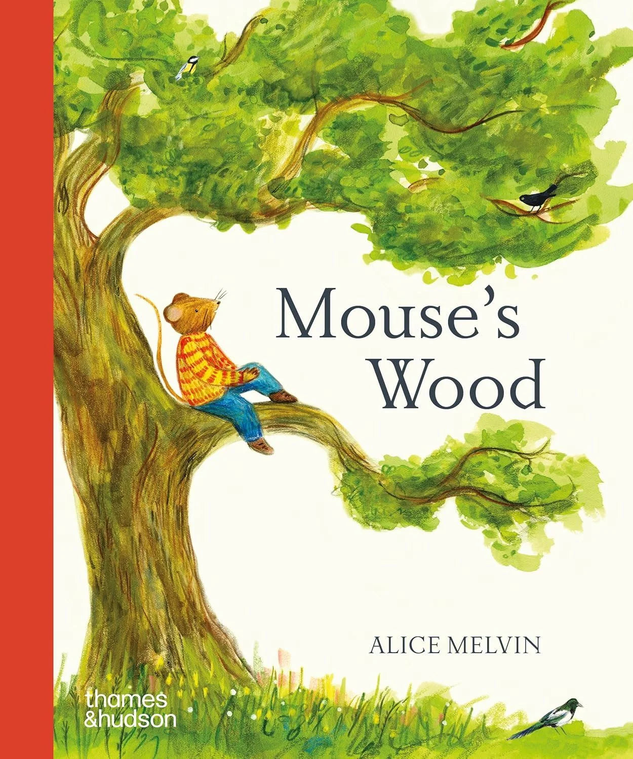 Mouse's Wood board book cover showing a watercolour mouse in a striped jumper sitting in an oak tree with birds.