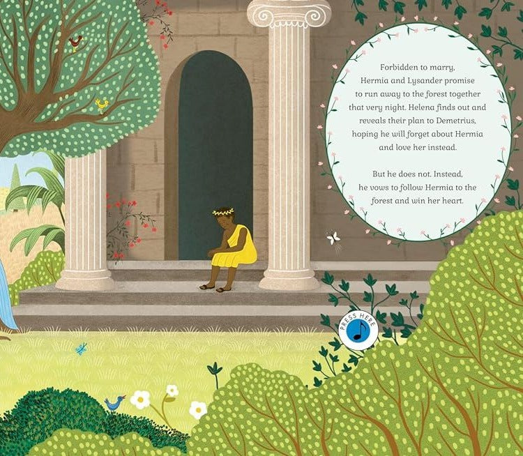Interior spread of The Story Orchestra: A Midsummer Night's Dream showing Hermia at a Greek temple with a press-here music