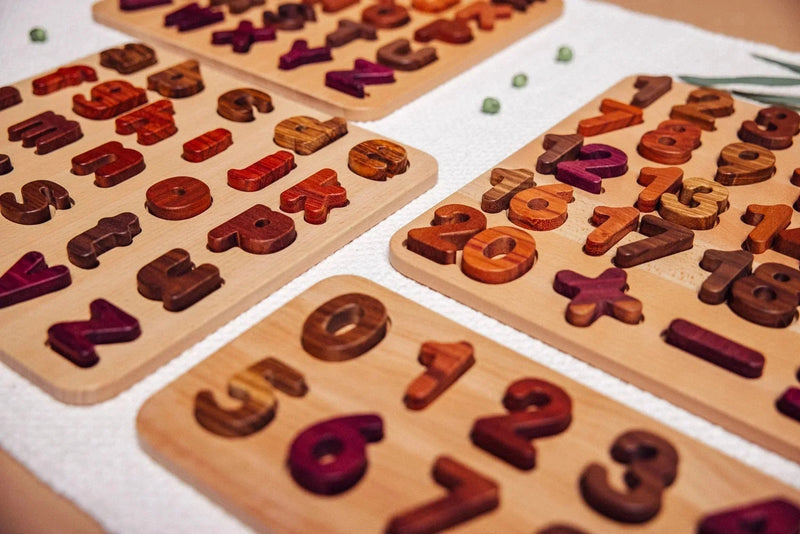 Oak & Sprout Early Learning Bundle: alphabet, numbers & symbols puzzle boards in Tigerwood, Walnut, Purpleheart & Zebrano