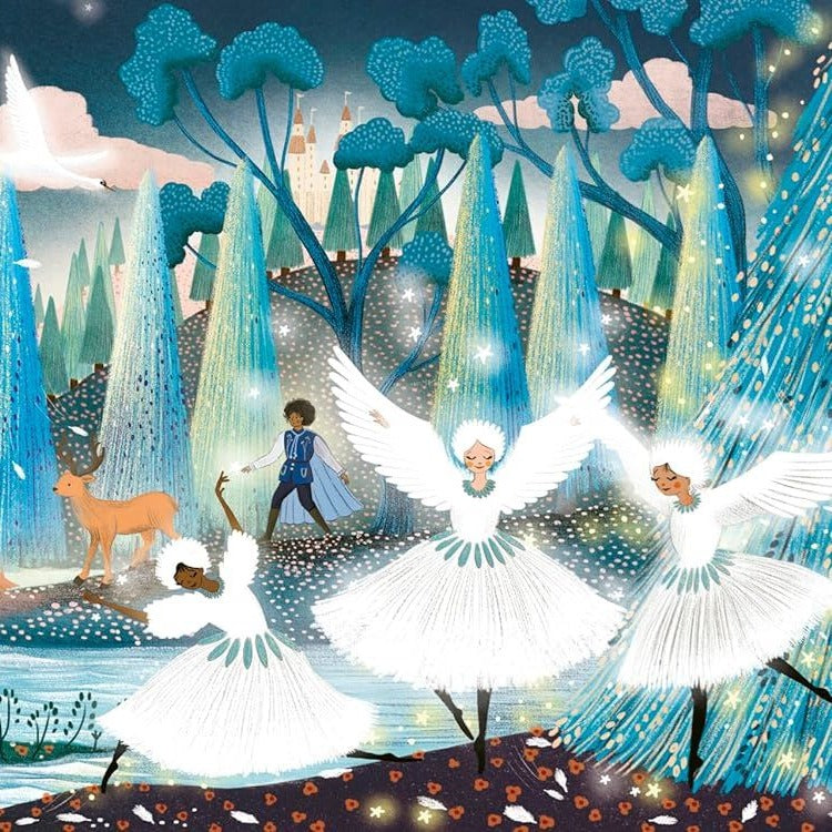 Illustrated Swan Lake book spread showing swan maidens dancing in an enchanted forest with a prince, deer, and distant castle