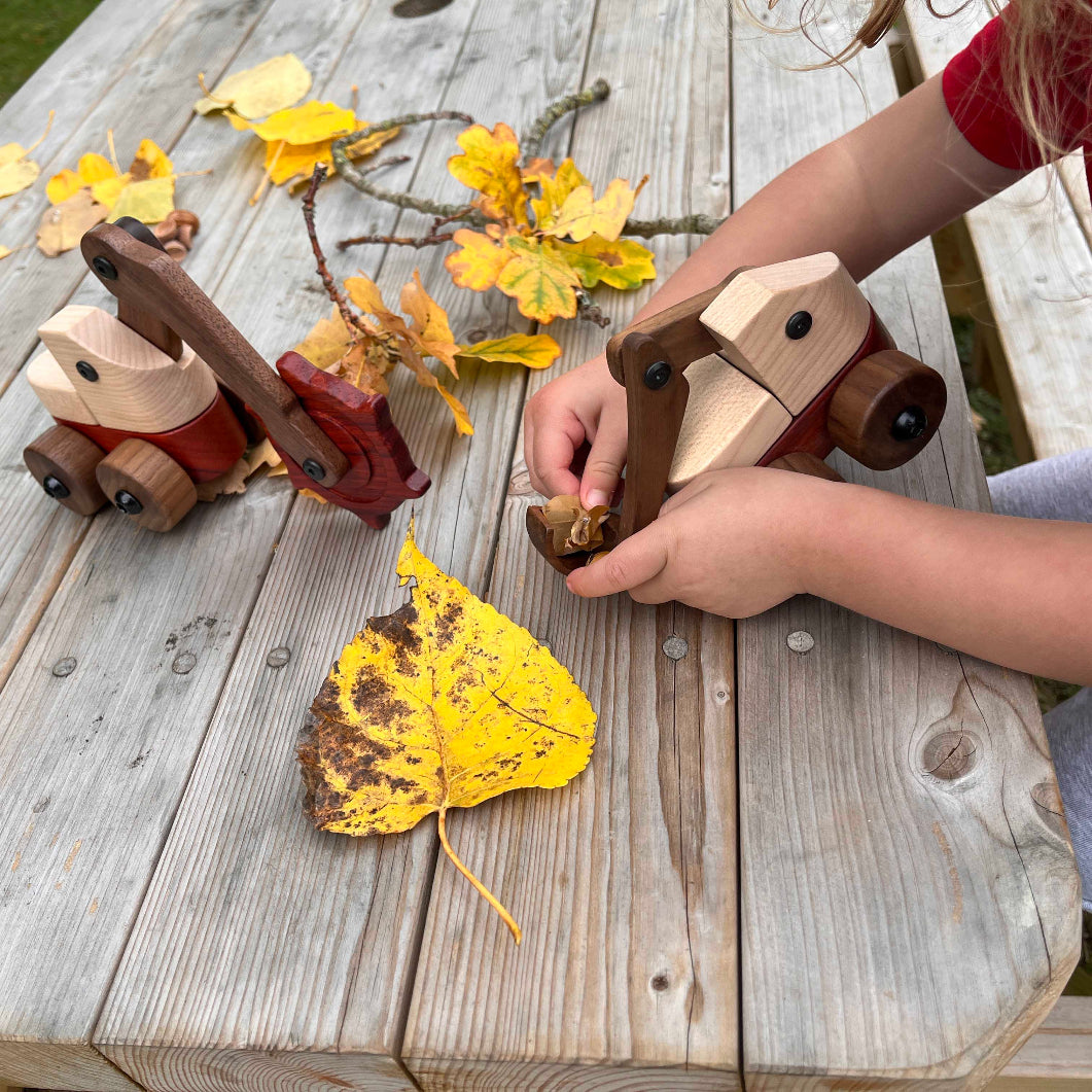 Child playing with wooden toys on a wooden surface with autumn leaves.
