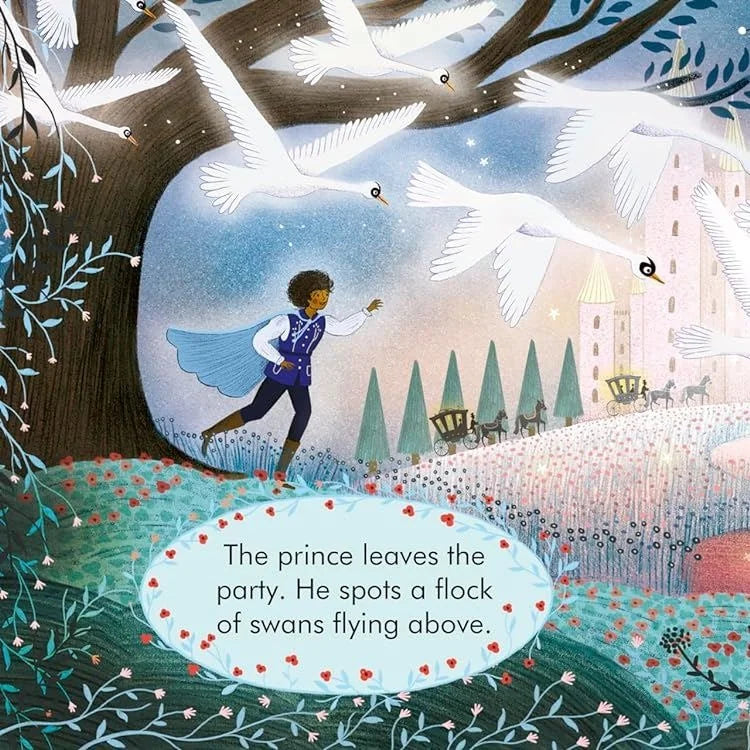 My First Story Orchestra Swan Lake interior spread showing prince in blue cape reaching toward white swans above a castle