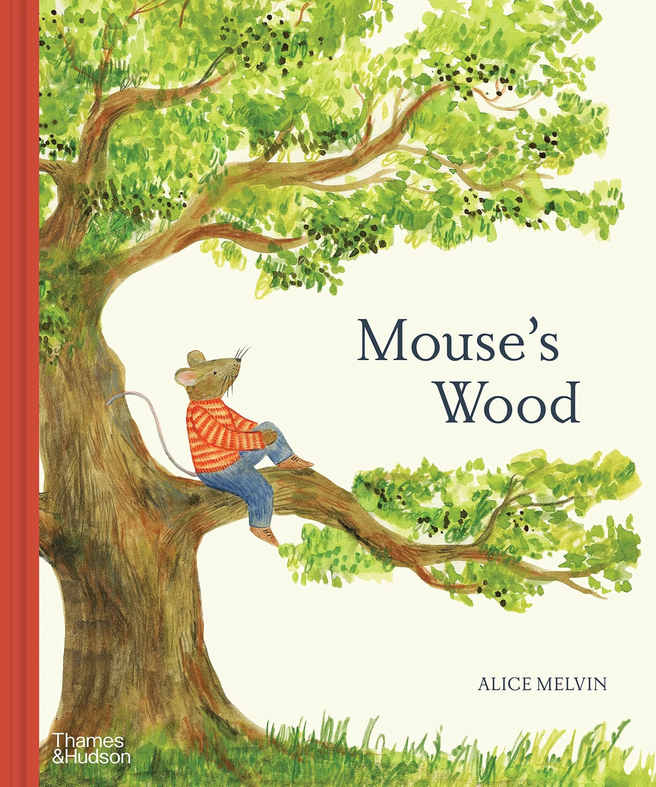 Mouse's Wood book front cover showing illustrated mouse in red striped jumper seated in an oak tree, by Alice Melvin