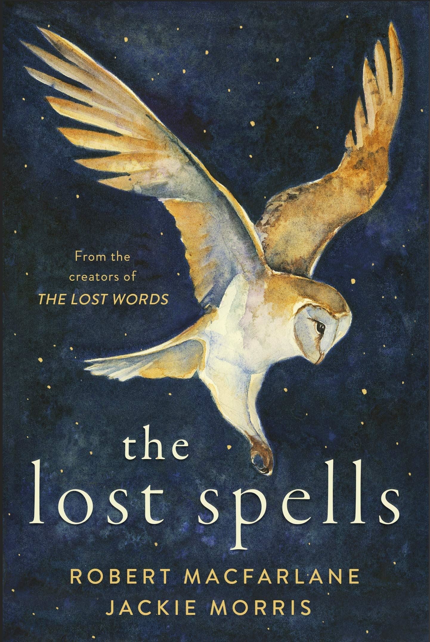 The Lost Spells book cover featuring a watercolour barn owl in flight on a midnight-blue starry background