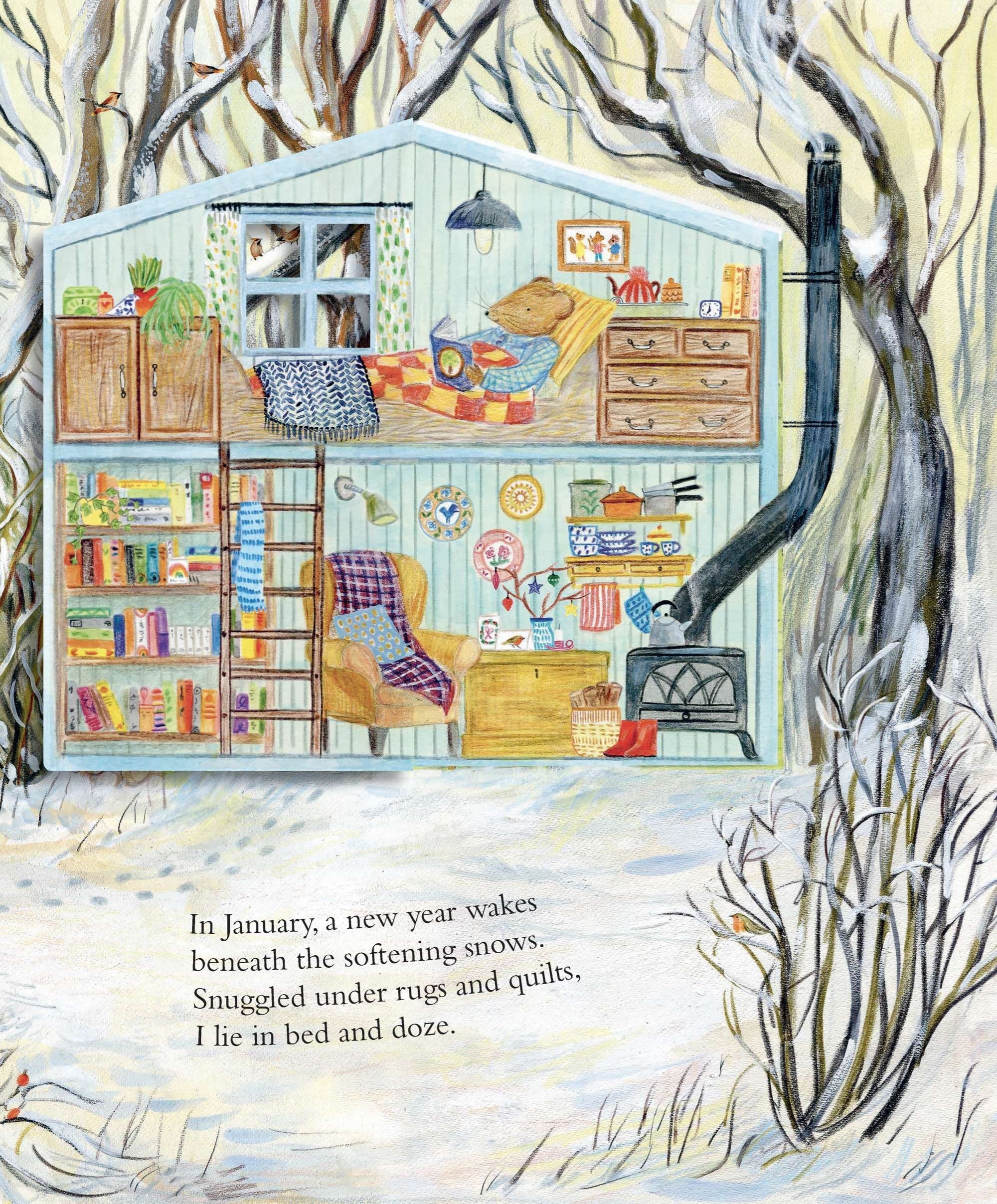 Mouse's Wood book interior: cosy winter den illustration, bear reading in loft bed, snowy woodland scene