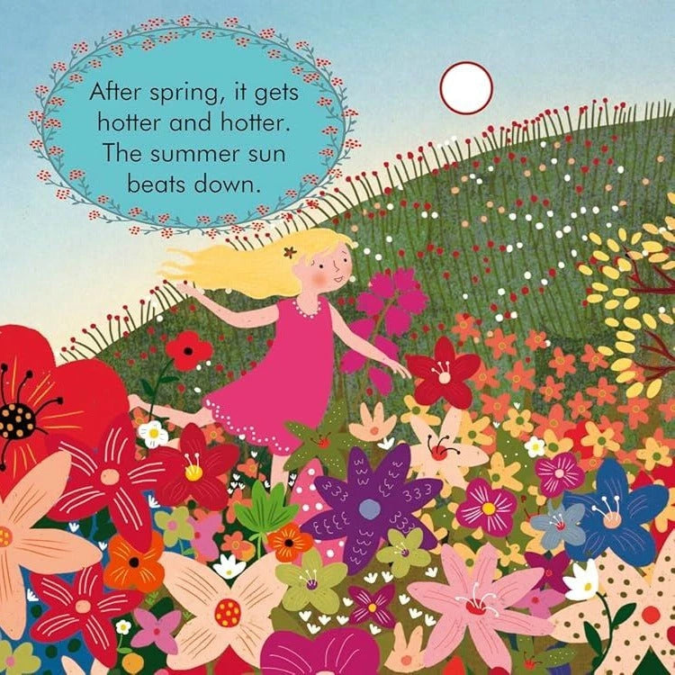 Book illustration from My First Story Orchestra Four Seasons in One Day showing a girl dancing in a summer flower meadow
