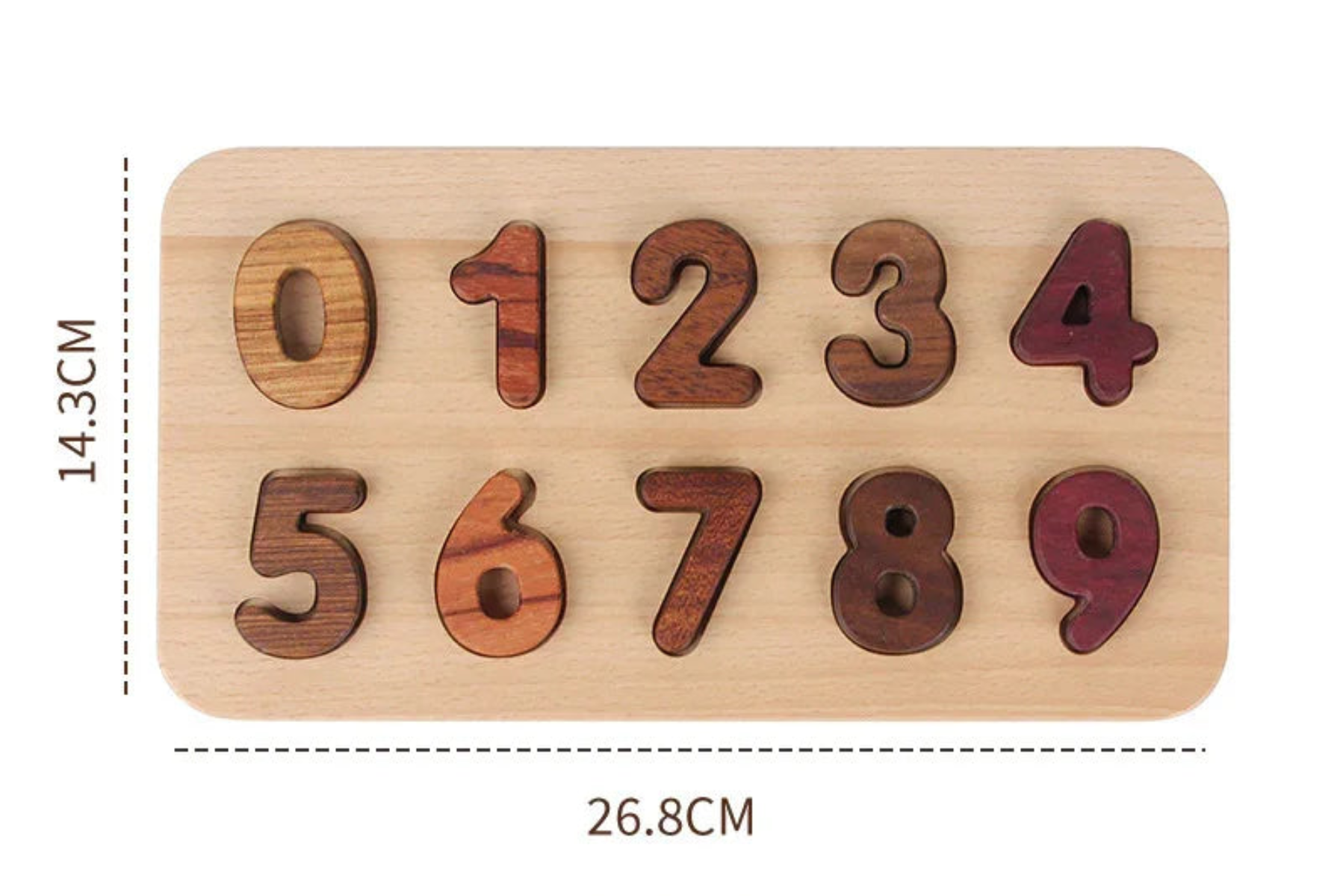 Wooden number puzzle with measurements on a white background