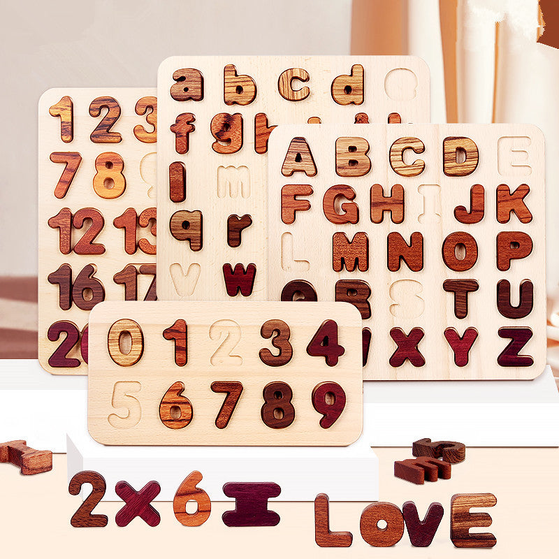 Montessori wooden learning boards—numbers, alphabet and fractions in natural Purpleheart, Padauk, Walnut, Zebrano and Tigerwood on beech bases.
