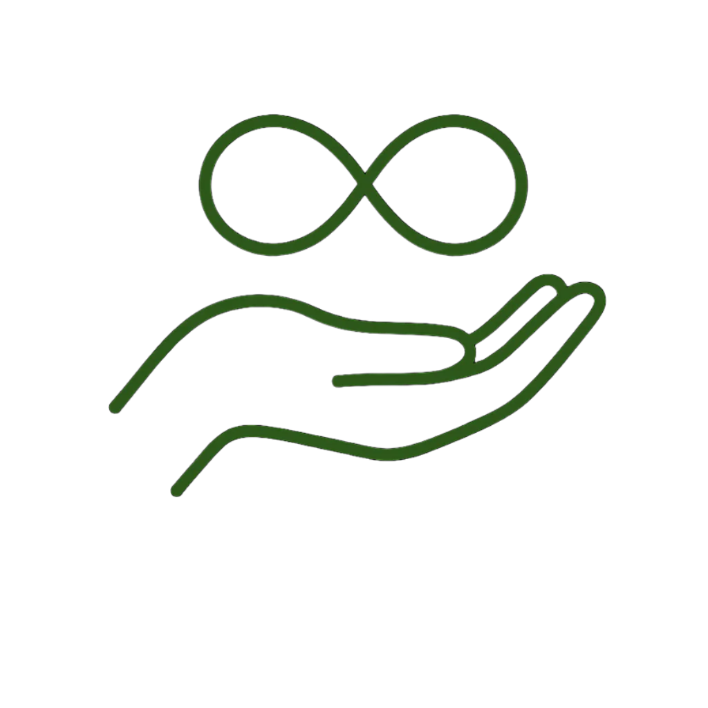 Icon of cupped hands cradling an infinity symbol, representing Oak & Sprout's multiple lifetime guarantee and commitment to lasting quality in its wooden toys.