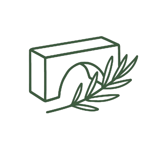 Minimalist icon of an arch block with a rosemary sprig, representing naturally safe, plant-based materials used by Oak & Sprout.