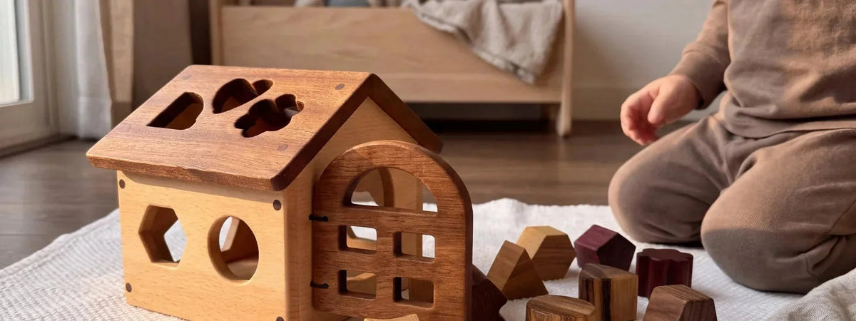 Oak & Sprout walnut and tigerwood shape-sorting house with purpleheart and maple blocks, toddler playing softly in background