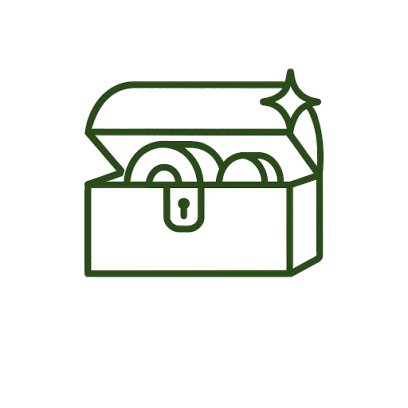 Minimalist line icon of a treasure chest, symbolising the collectible, heirloom quality of Oak & Sprout wooden toys.