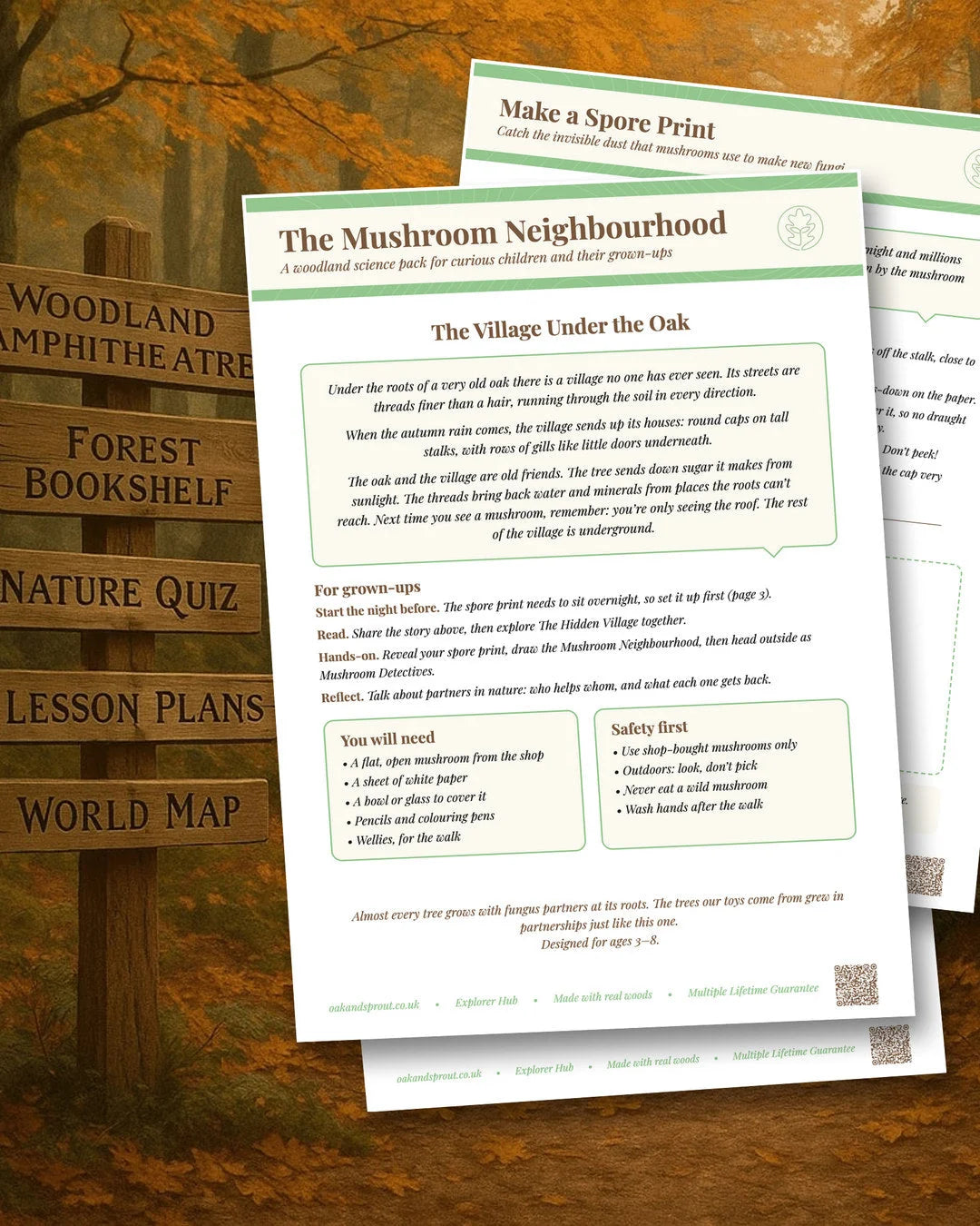 The Mushroom Neighbourhood printed science activity pack showing A4 worksheets with botanical design and spore printing