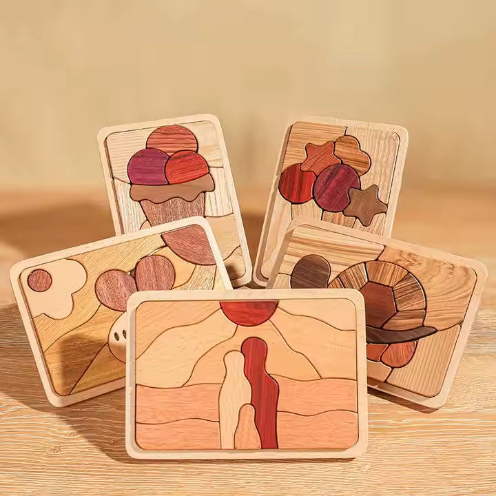 Sproutlets beech and exotic wood childrens puzzles displayed on tabletop