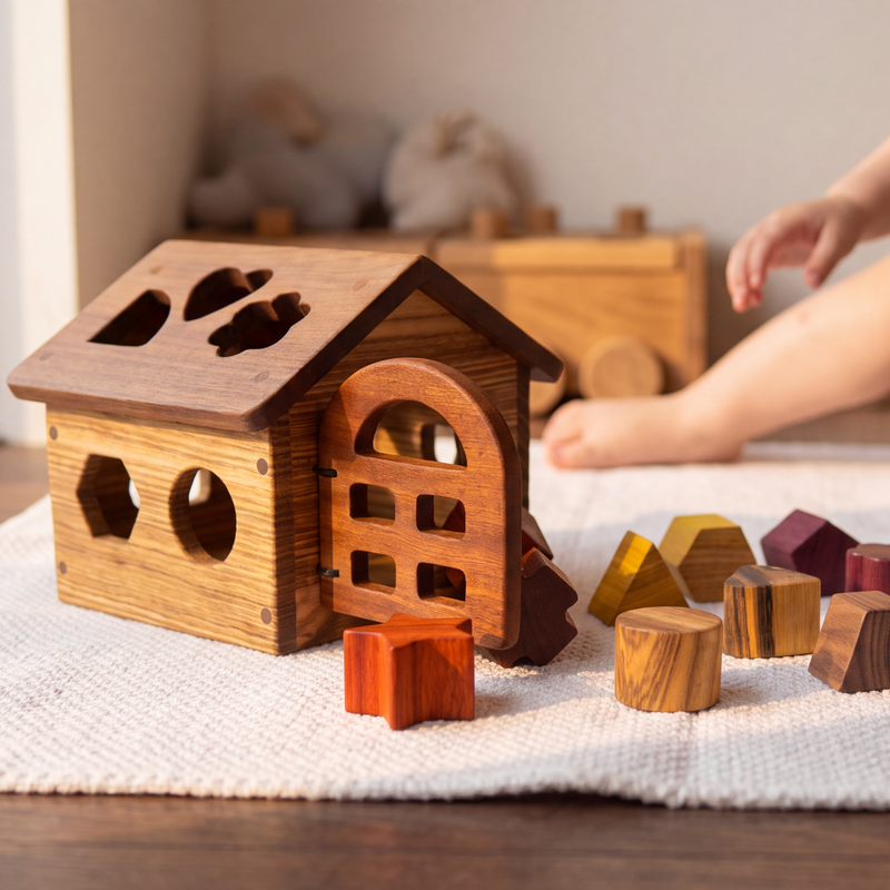Child playing with Oak & Sprout shape-sorter house; Tigerwood walls, Walnut roof, Padauk star and Purpleheart pentagon