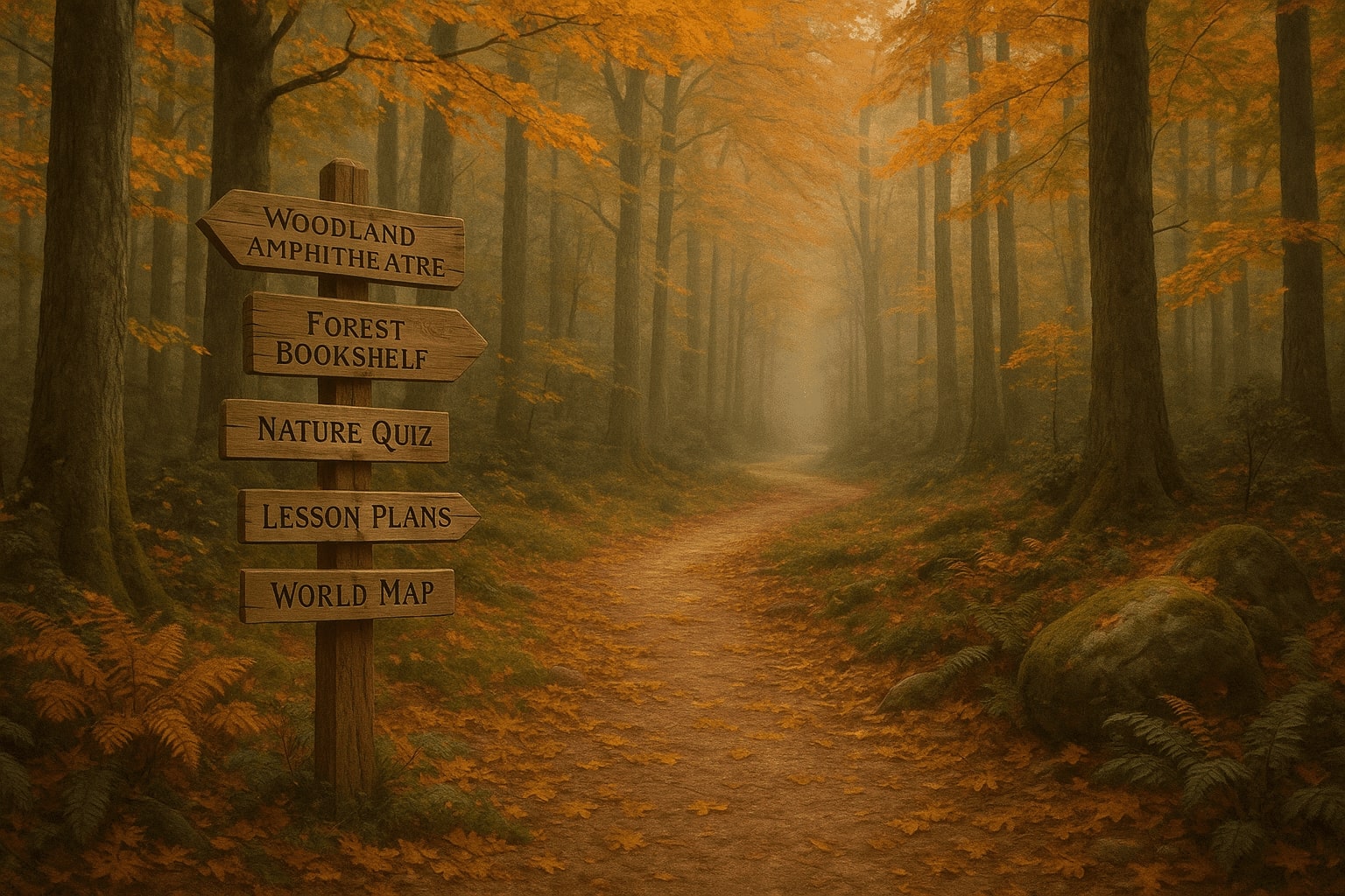 A misty autumn forest path with a wooden signpost