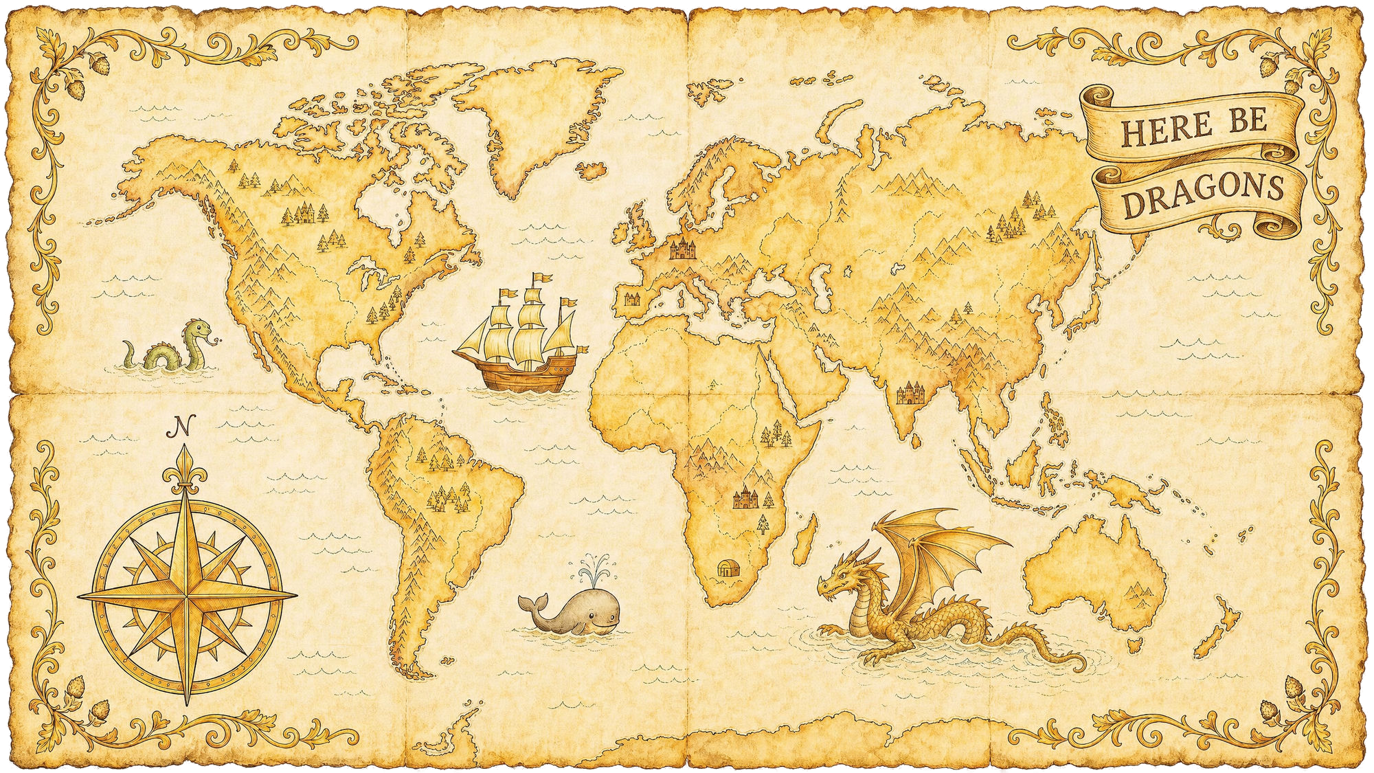 An illustrated storybook treasure map of the world, marking the seven woods Oak & Sprout toys are made from